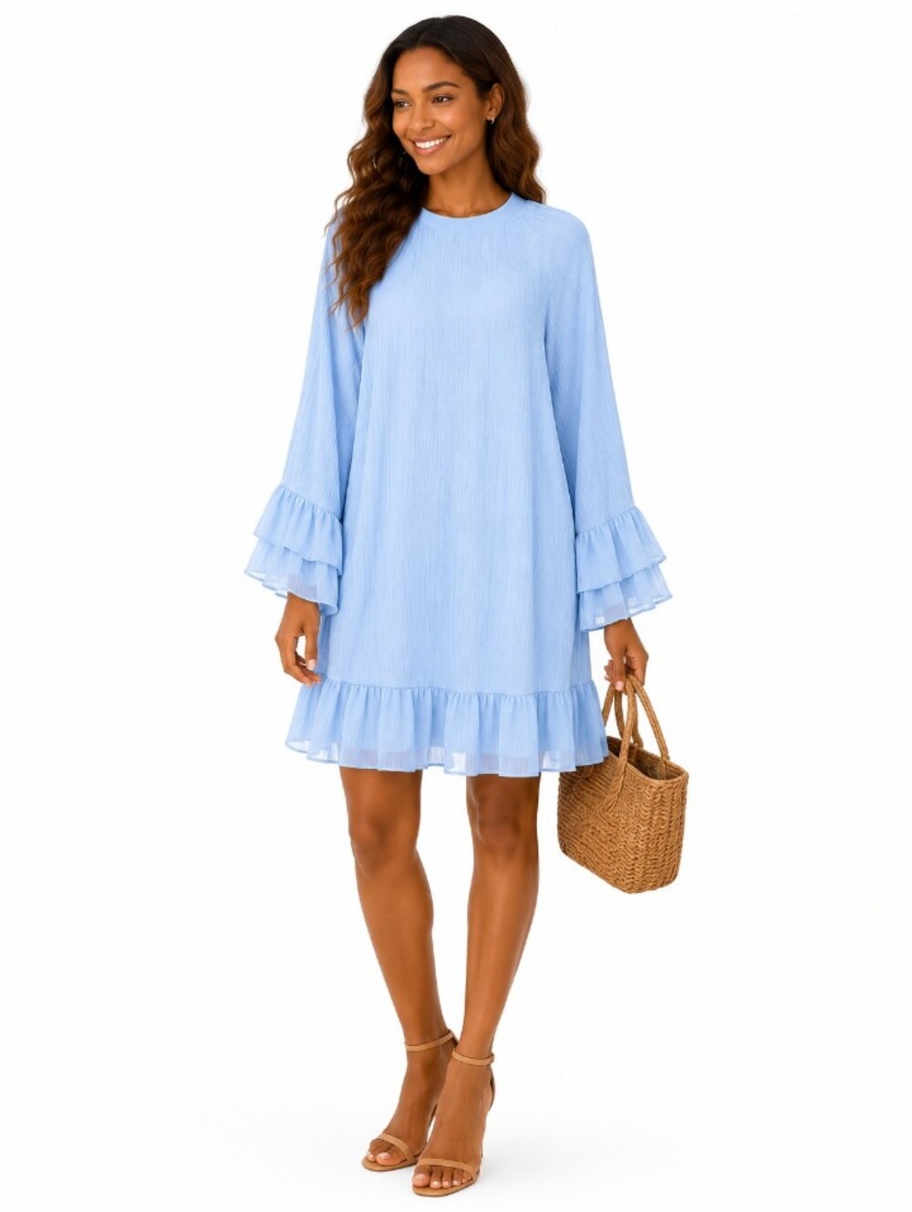 TIME AND TRU Light Blue Ruffle Bell Sleeve Flowy Mini Dress SIZE Medium NWT